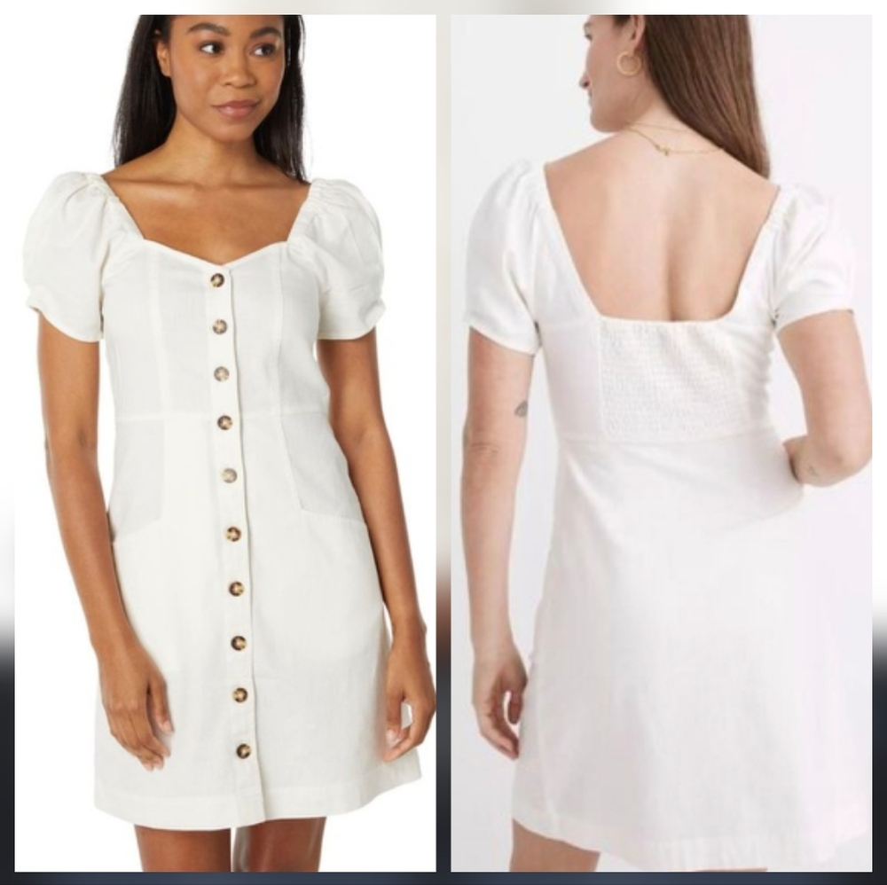 Madewell Linen Cotton Puff Sleeve Mini Dress Ivory Lighthouse Button Front